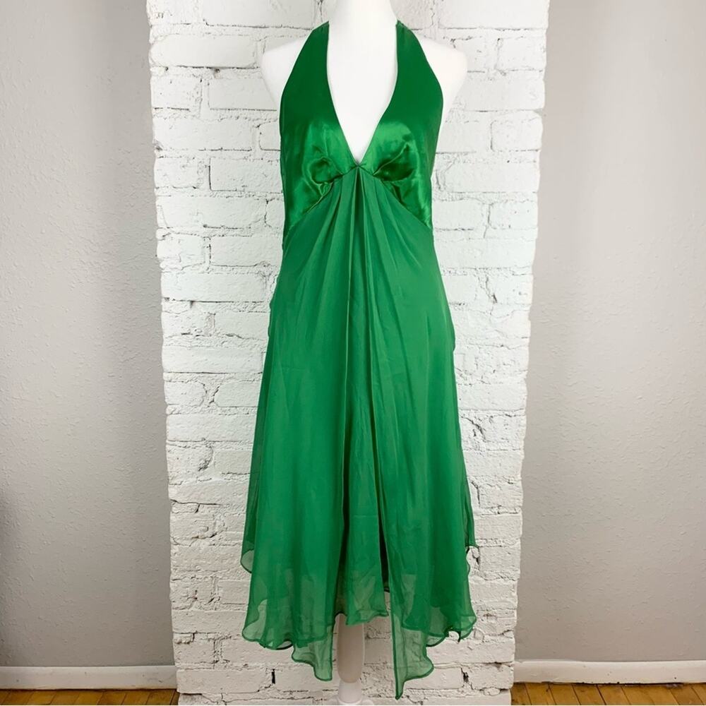 Donna Ricco Green Silk Halter 90s Y2K Satin Waterfall Fairy Mini Dress 10